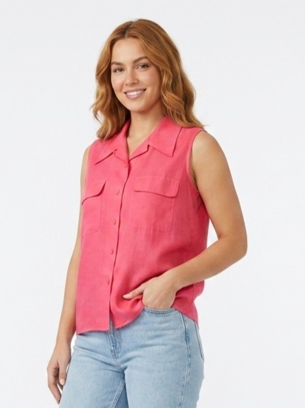 Vintage Backroad Blues 100% Silk Coral Sleeveless Button Up Blouse Size M